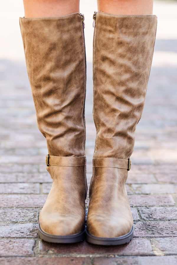 Chic Soul plus size clothing, tan tall acid washed tan boots with zipper on side with brown fabric along backside with rounded toe and slight heel
