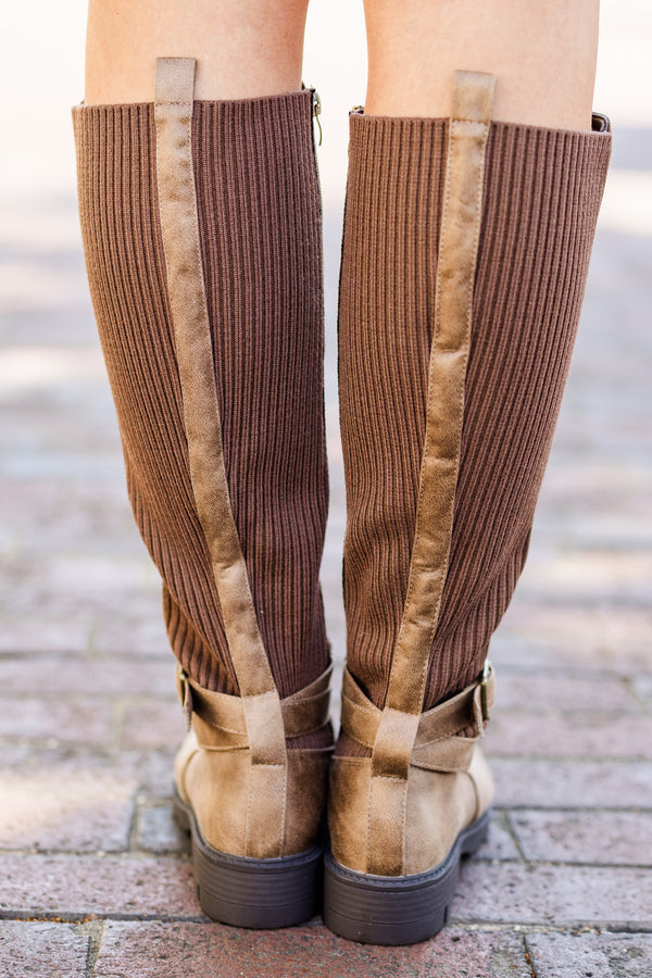 Chic Soul plus size clothing, tan tall acid washed tan boots with zipper on side with brown fabric along backside with rounded toe and slight heel