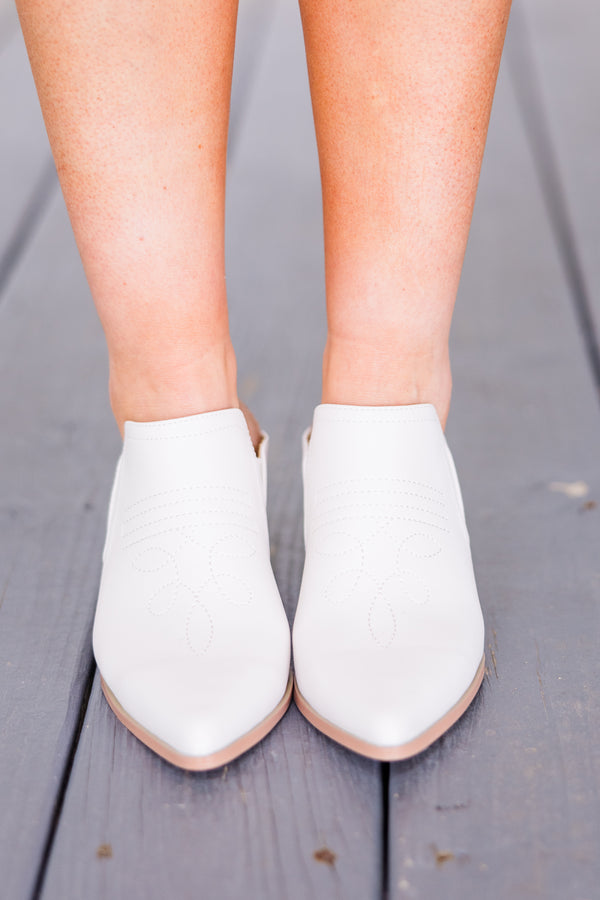 Chic Soul plus size clothing, backless ivory closed-toe mule wedges with pointed toe and light brown heel