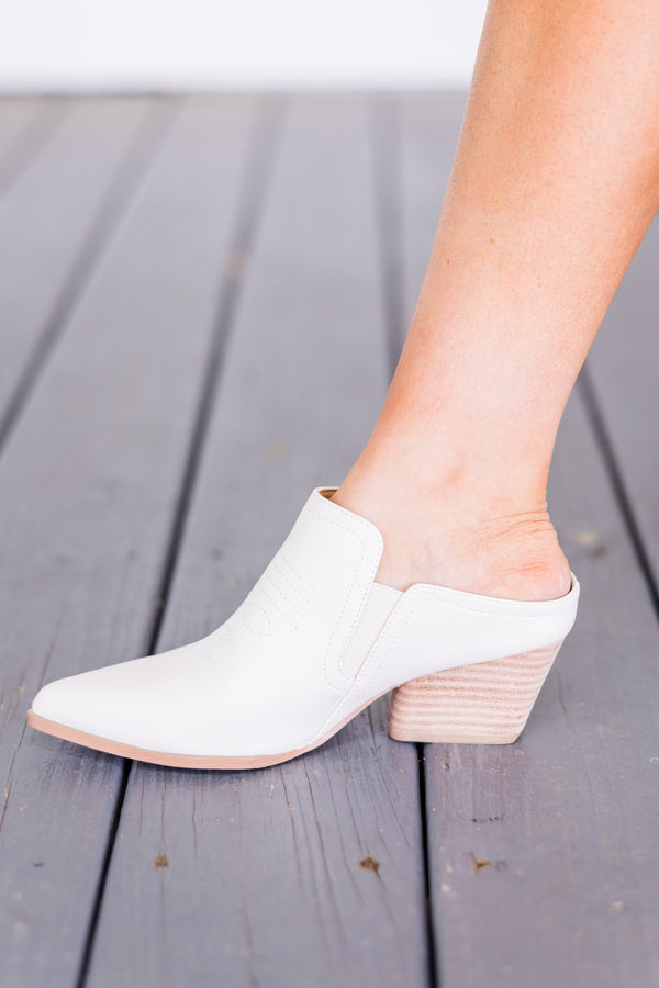 Chic Soul plus size clothing, backless ivory closed-toe mule wedges with pointed toe and light brown heel