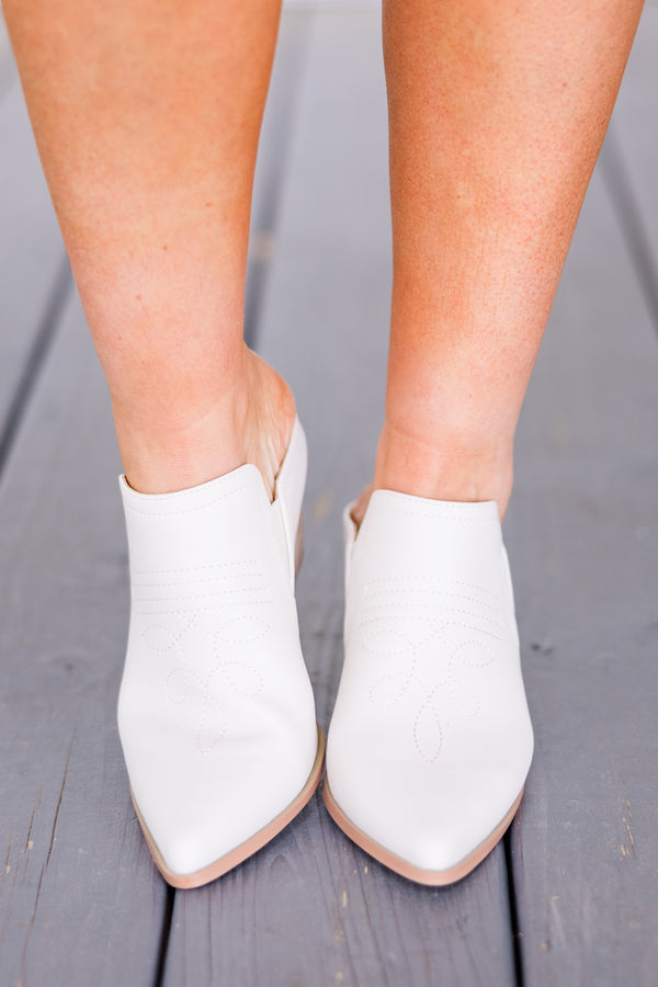 Chic Soul plus size clothing, backless ivory closed-toe mule wedges with pointed toe and light brown heel