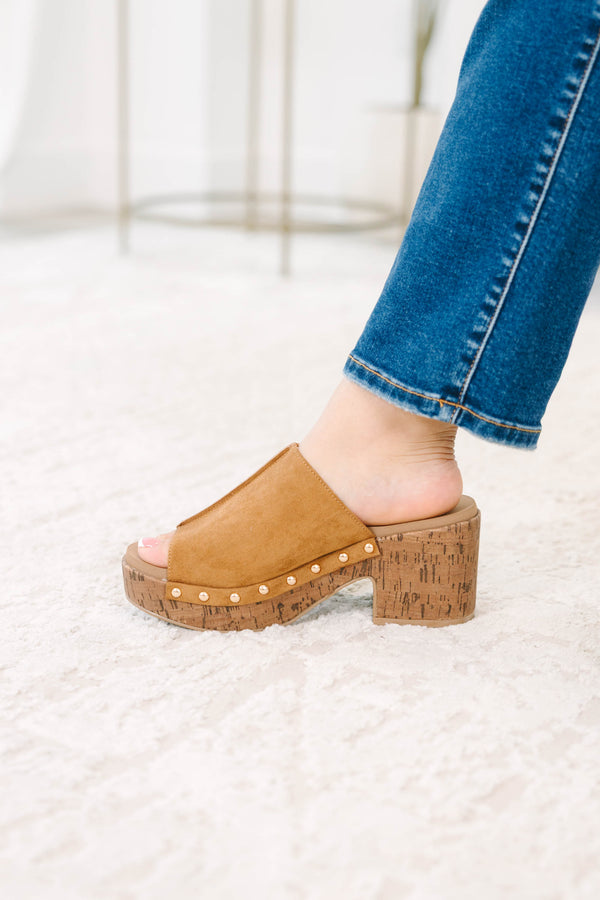 Plus Size camel open-toe mule heels with a cork platform, studded trim, and center-seam detail.