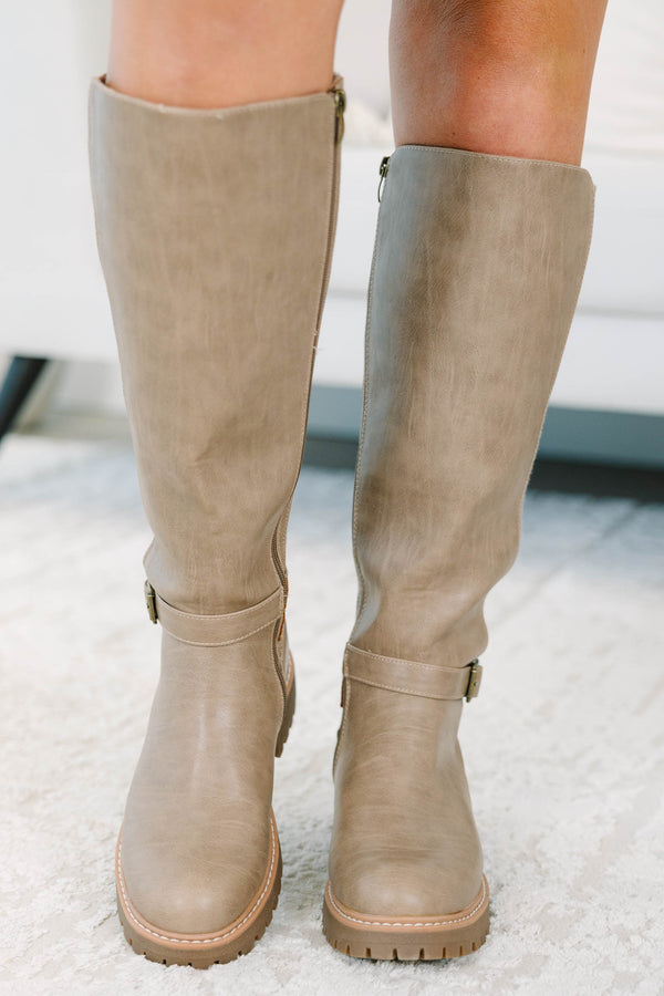 Corky's Walking Tall Boots in taupe with a stretchy ribbed back panel and lug sole for plus sizes.