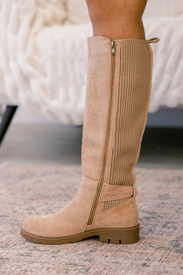 Chic Soul plus size clothing, light brown round tow suede tall boots 