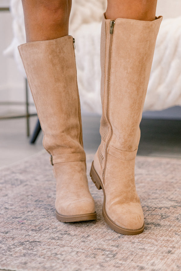 Chic Soul plus size clothing, light brown round tow suede tall boots 
