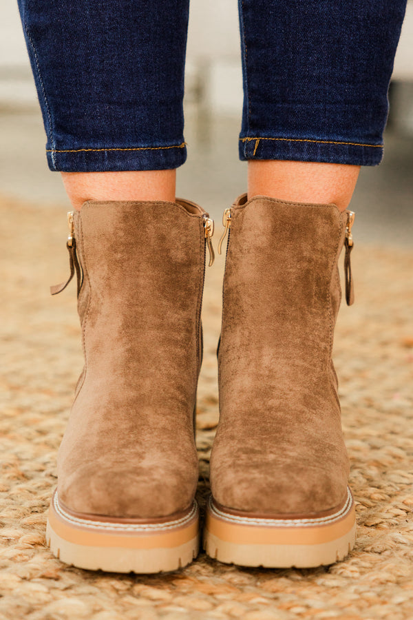 Chic Soul plus size clothing, brown suede round toe booties with zipper detail on side with wood block heel