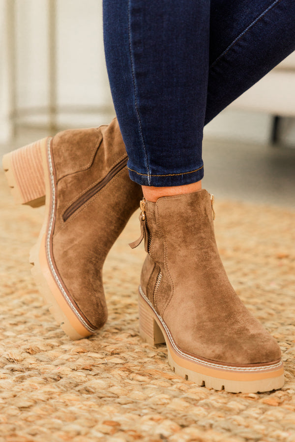 Chic Soul plus size clothing, brown suede round toe booties with zipper detail on side with wood block heel