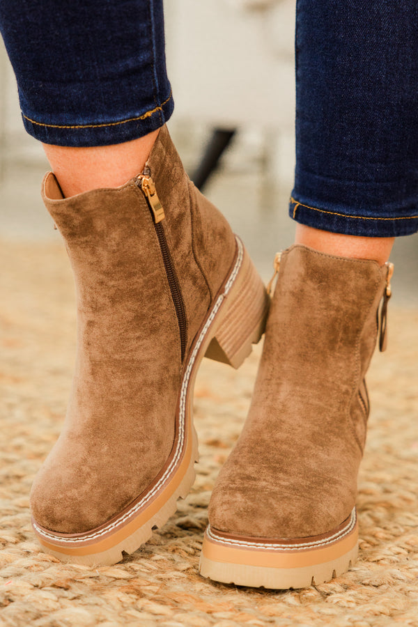 Chic Soul plus size clothing, brown suede round toe booties with zipper detail on side with wood block heel