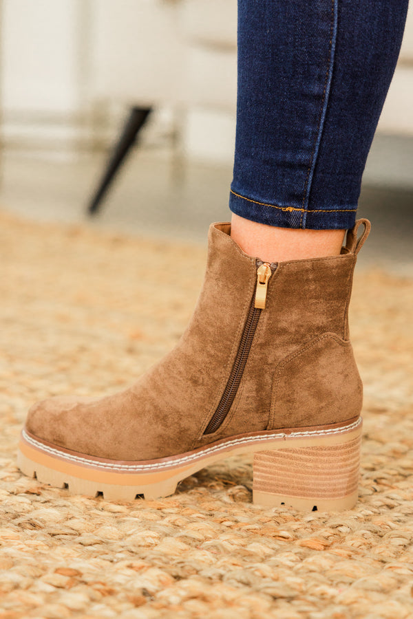 Chic Soul plus size clothing, brown suede round toe booties with zipper detail on side with wood block heel