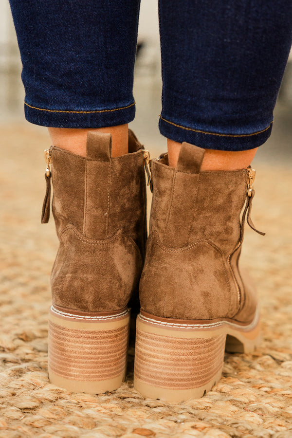 Chic Soul plus size clothing, brown suede round toe booties with zipper detail on side with wood block heel