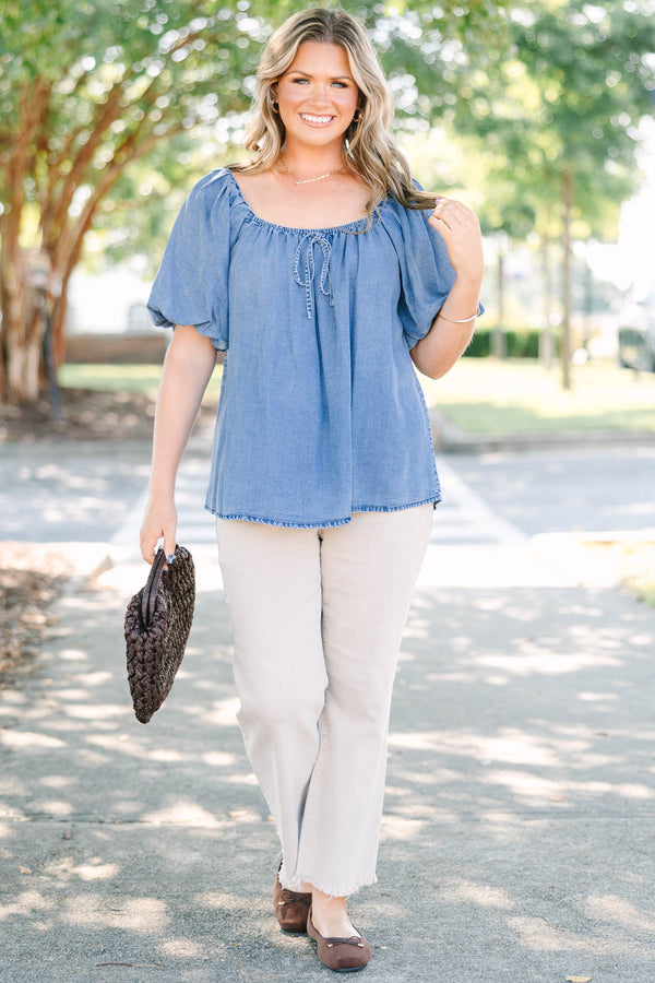 Plus Size denim top with puff sleeves, a square neckline, and a front tie detail.