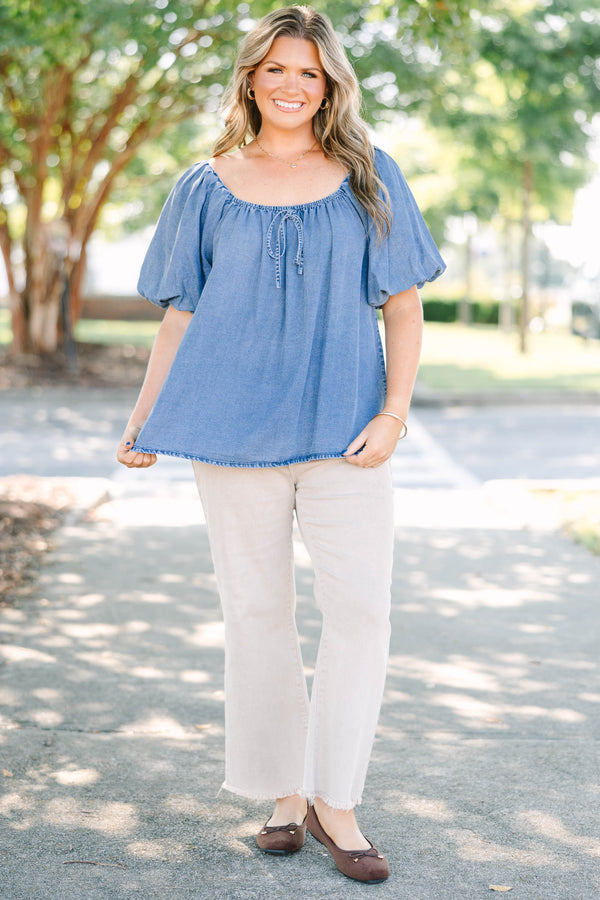 Plus Size denim top with puff sleeves, a square neckline, and a front tie detail.