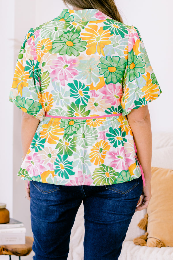 Chic Soul plus size clothing, green floral short sleeve top with button down front and pink side ties