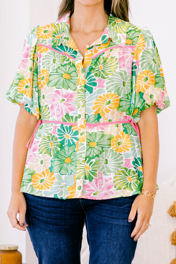 Chic Soul plus size clothing, green floral short sleeve top with button down front and pink side ties