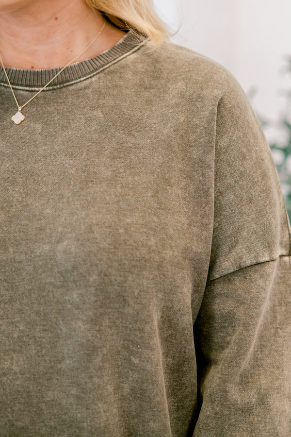 Chic Soul plus size clothing, dark olive long sleeve crewneck pullover with band at the waist and wrists