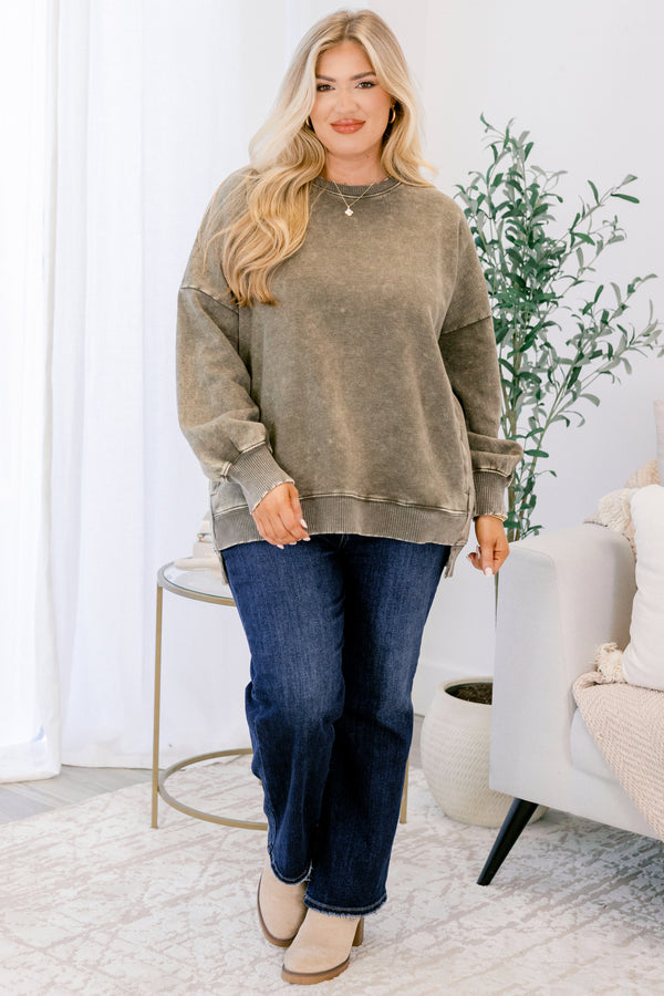 Chic Soul plus size clothing, dark olive long sleeve crewneck pullover with band at the waist and wrists