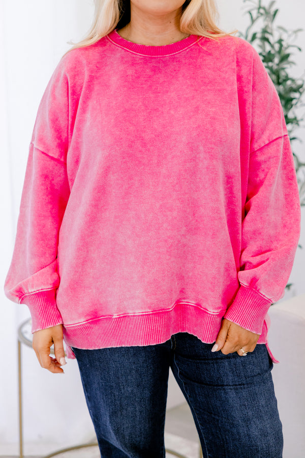 Chic Soul plus size clothing, long-sleeve hot pink acid wash crewneck pullover