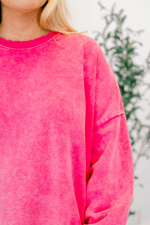 Chic Soul plus size clothing, long-sleeve hot pink acid wash crewneck pullover