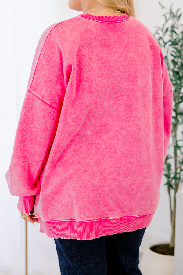 Chic Soul plus size clothing, long-sleeve hot pink acid wash crewneck pullover