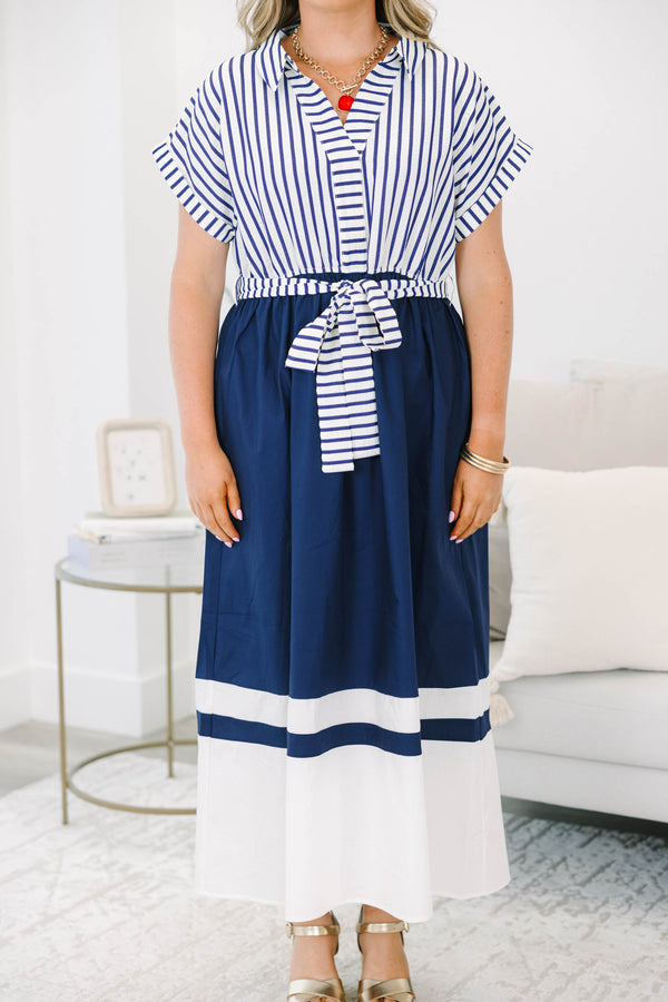 Plus Size blue and white striped collared dress with a belted waist and wide color-block hem.