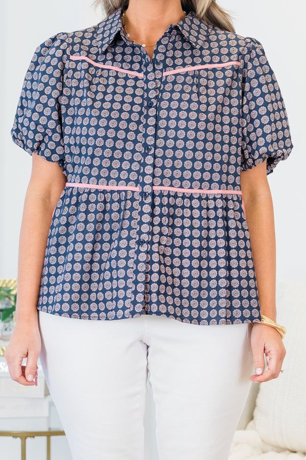 Plus Size navy button-down top with a floral pattern, puff sleeves, and pink piping details.