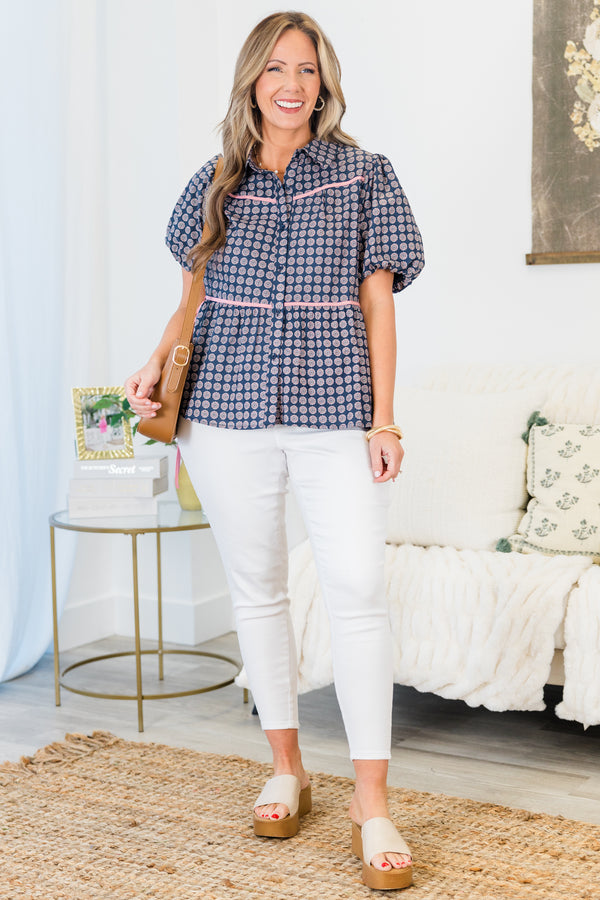 Plus Size navy button-down top with a floral pattern, puff sleeves, and pink piping details.