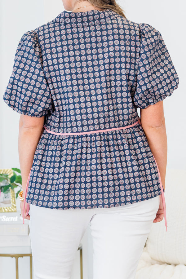 Plus Size navy button-down top with a floral pattern, puff sleeves, and pink piping details.