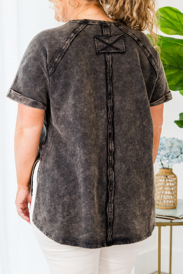 Chic Soul plus size clothing, ash black short sleeve tee with cuff sleeves and raised stitching