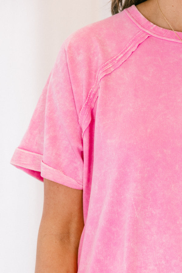 Chic Soul plus size clothing, candy pink short sleeve acid wash tee with round neckline and cuff sleeves