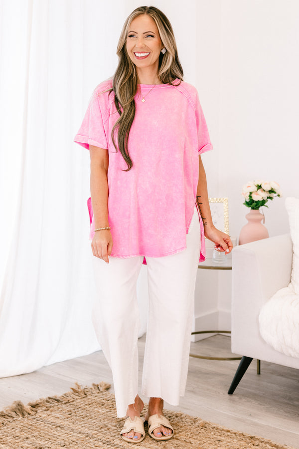 Chic Soul plus size clothing, candy pink short sleeve acid wash tee with round neckline and cuff sleeves