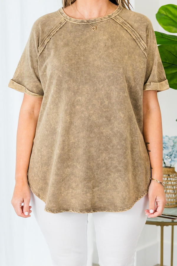 Chic Soul plus size clothing, mocha short sleeve top with side slit and cuffed sleeves