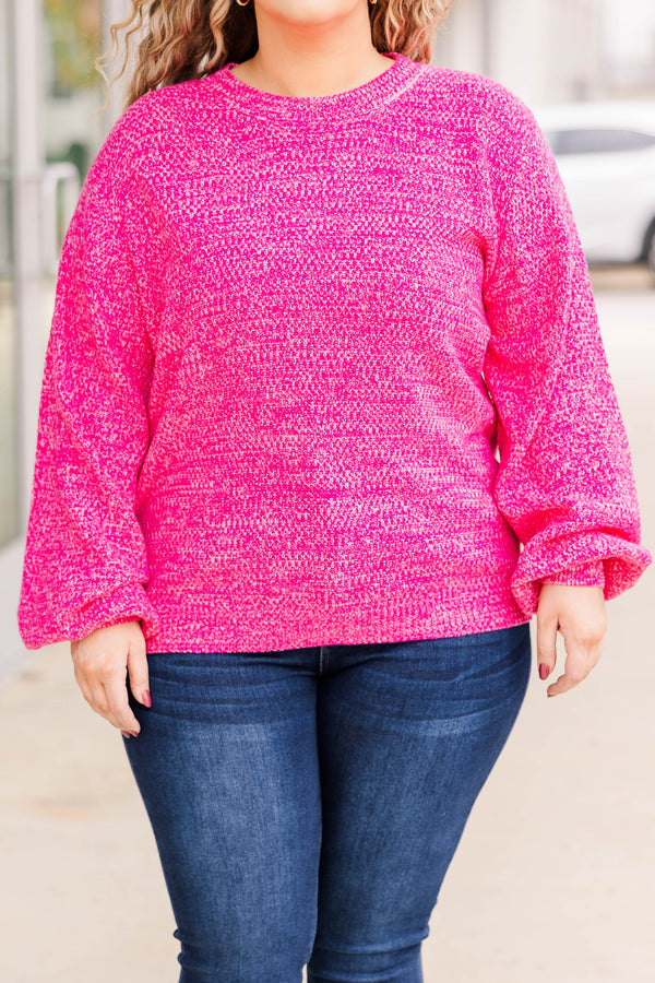 Chic Soul plus size clothing, hot pink bubble sleeve sweater with round neck