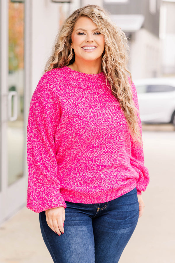 Chic Soul plus size clothing, hot pink bubble sleeve sweater with round neck