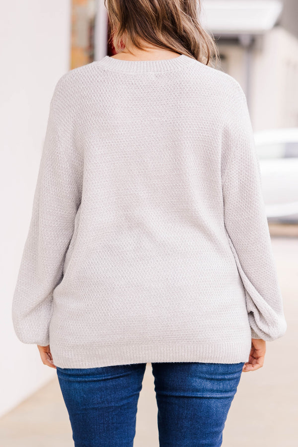 Chic Soul plus size clothing, silver colored bubble sleeve sweater, textured, warm, and cozy