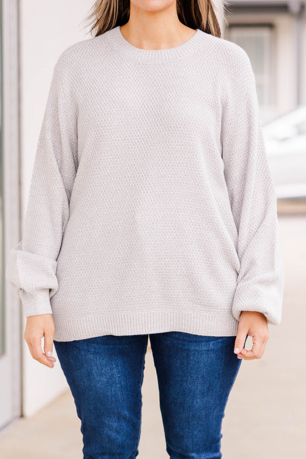Chic Soul plus size clothing, silver colored bubble sleeve sweater, textured, warm, and cozy