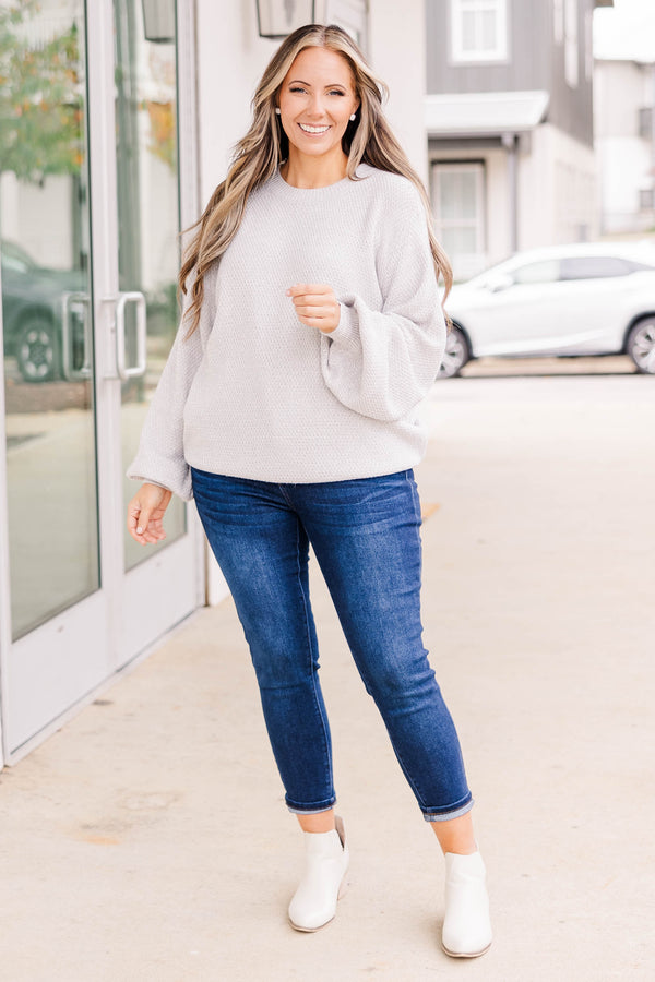 Chic Soul plus size clothing, silver colored bubble sleeve sweater, textured, warm, and cozy