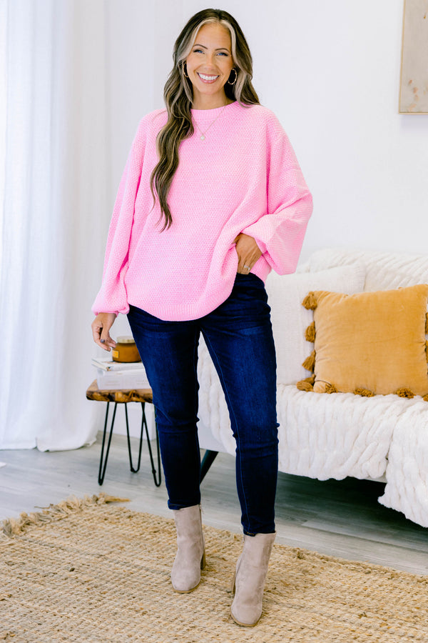 Chic Soul plus size clothing, Light pink colored bubble sleeve sweater, textured, warm, and cozy