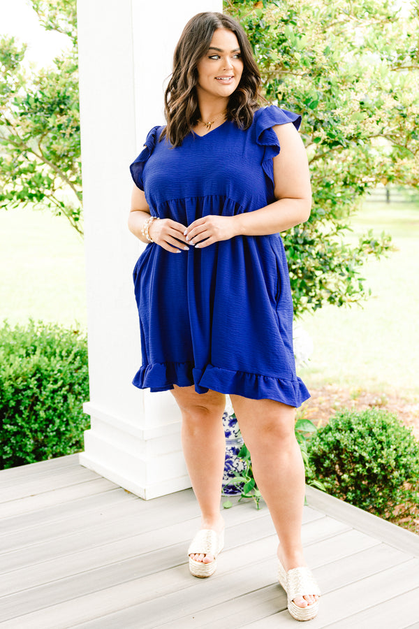 Chic Soul plus size clothing, royal blue v neck short flutter sleeve casual babydoll dress