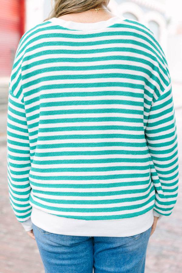 Plus Size kelly green and white striped pullover with a crew neck and textured fabric.