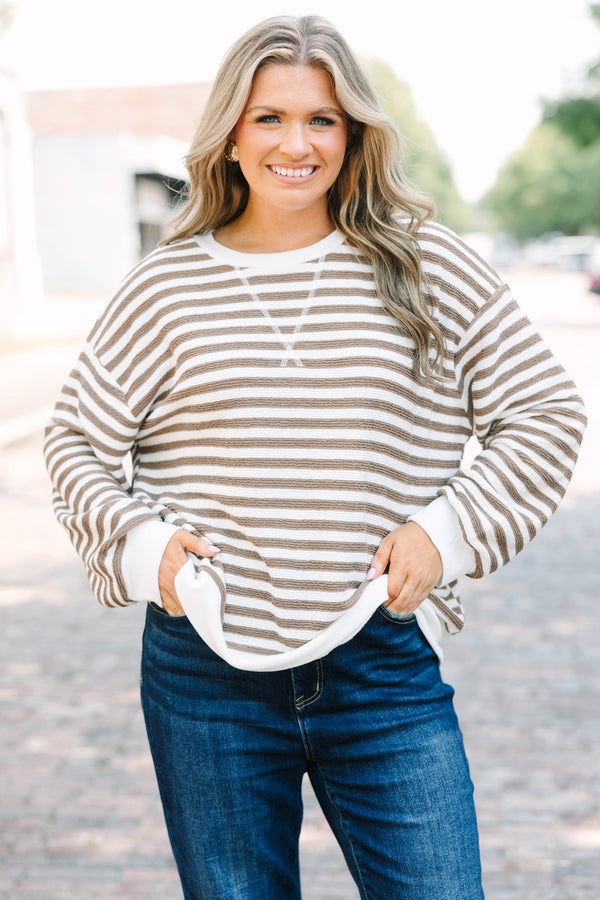 Plus Size mocha and white striped long sleeve pullover with a crew neckline and ribbed cuffs.