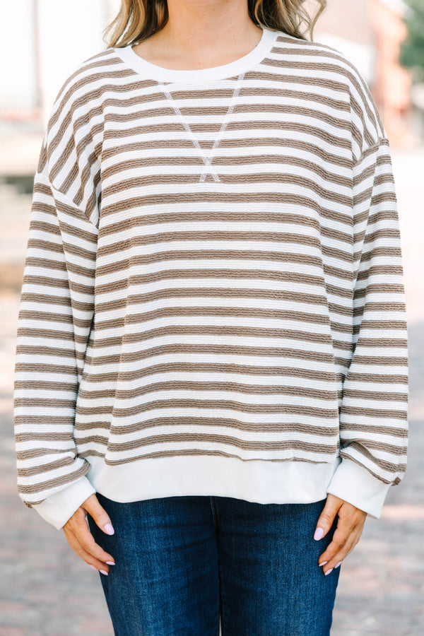 Plus Size mocha and white striped long sleeve pullover with a crew neckline and ribbed cuffs.