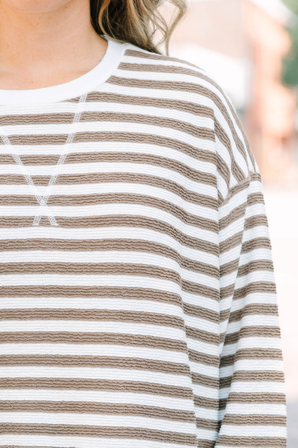 Plus Size mocha and white striped long sleeve pullover with a crew neckline and ribbed cuffs.