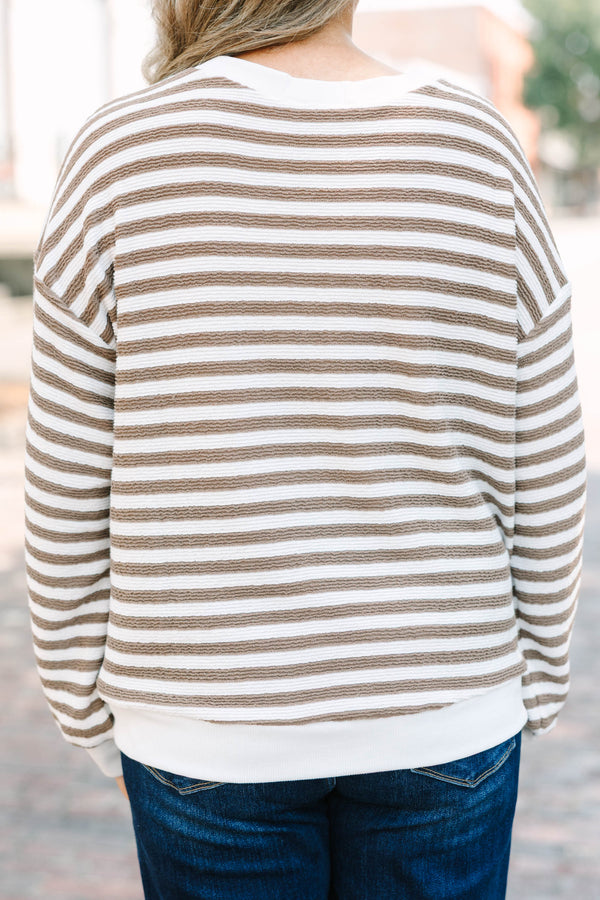 Plus Size mocha and white striped long sleeve pullover with a crew neckline and ribbed cuffs.