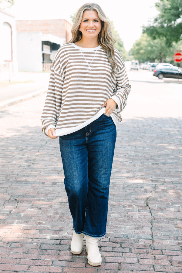 Plus Size mocha and white striped long sleeve pullover with a crew neckline and ribbed cuffs.