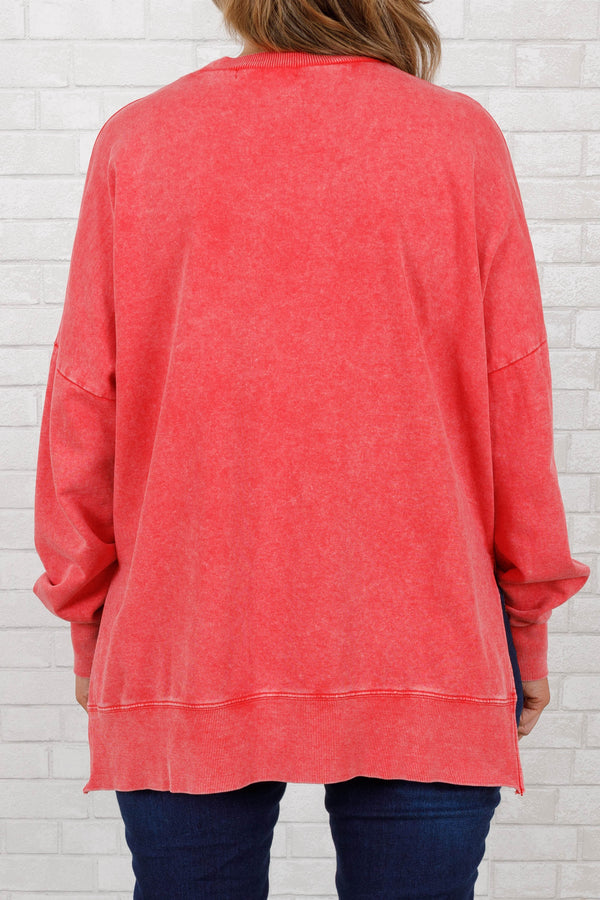 Chic Soul plus size clothing, ruby red colored crewneck pullover with slits on the side and tunic length