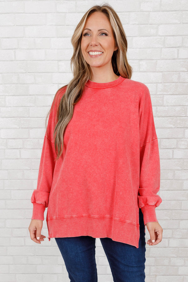 Chic Soul plus size clothing, ruby red colored crewneck pullover with slits on the side and tunic length