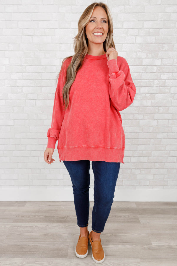 Chic Soul plus size clothing, ruby red colored crewneck pullover with slits on the side and tunic length