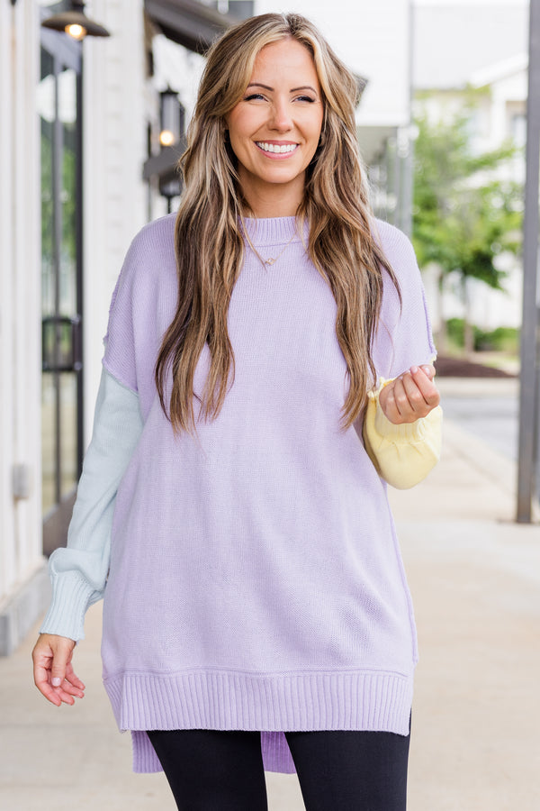 Chic Soul plus size clothing, long-sleeve lavender multi-colored sweater with one sleeve pale blue and one sleeve pale yellow with distressed stitching