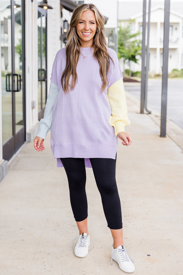 Chic Soul plus size clothing, long-sleeve lavender multi-colored sweater with one sleeve pale blue and one sleeve pale yellow with distressed stitching