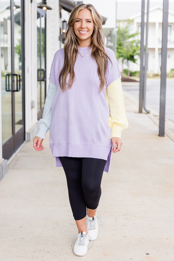 Chic Soul plus size clothing, long-sleeve lavender multi-colored sweater with one sleeve pale blue and one sleeve pale yellow with distressed stitching